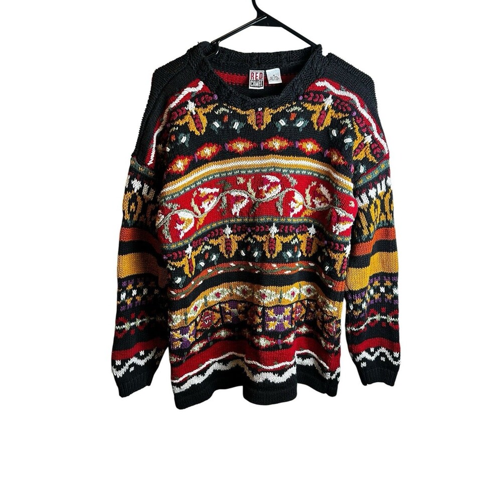Vintage 90s Red Camel Chunky Knit Sweater Size M Multi-Color Fair Isle Grunge
